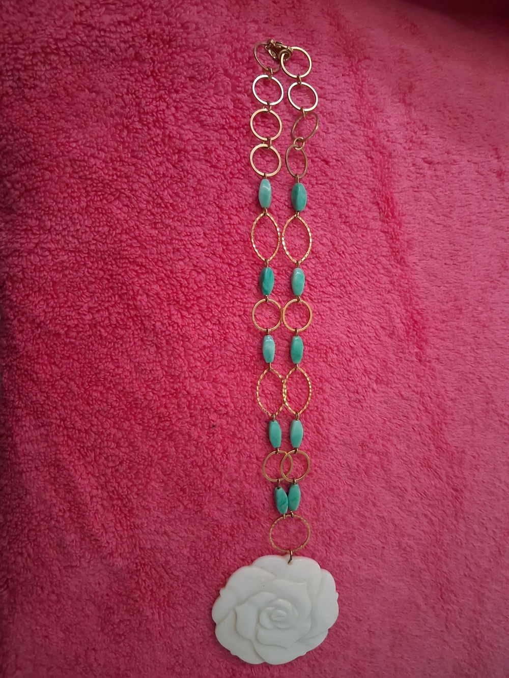 Gold-Tone Necklace with Turquoise Beads and White Rose Pendant